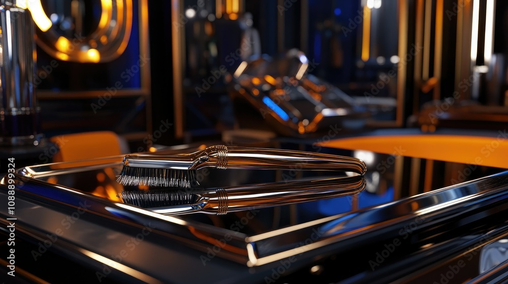 Professional-grade hair tools with a sleek, metallic finish, neatly displayed on a vanity. Professional-grade hair tools with a sleek, metallic finish, neatly displayed on a vanity.