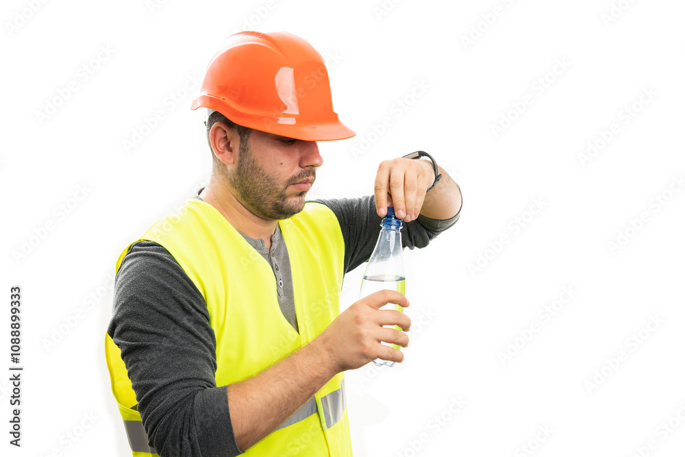 Builder opening or closing plastic water bottle with copyspace Builder opening or closing plastic water bottle with copyspace