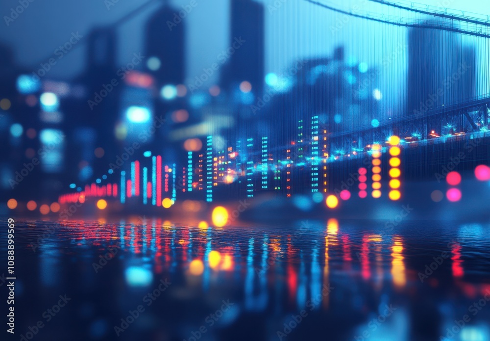 Vibrant Night Cityscape with Colorful Lights Reflecting on Water, Capturing the Energy and Beauty of Urban Life in a Dreamlike Setting Vibrant Night Cityscape with Colorful Lights Reflecting on Water, Capturing the Energy and Beauty of Urban Life in a Dreamlike Setting