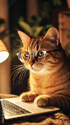 Ginger cat typing away on a laptop late at night
