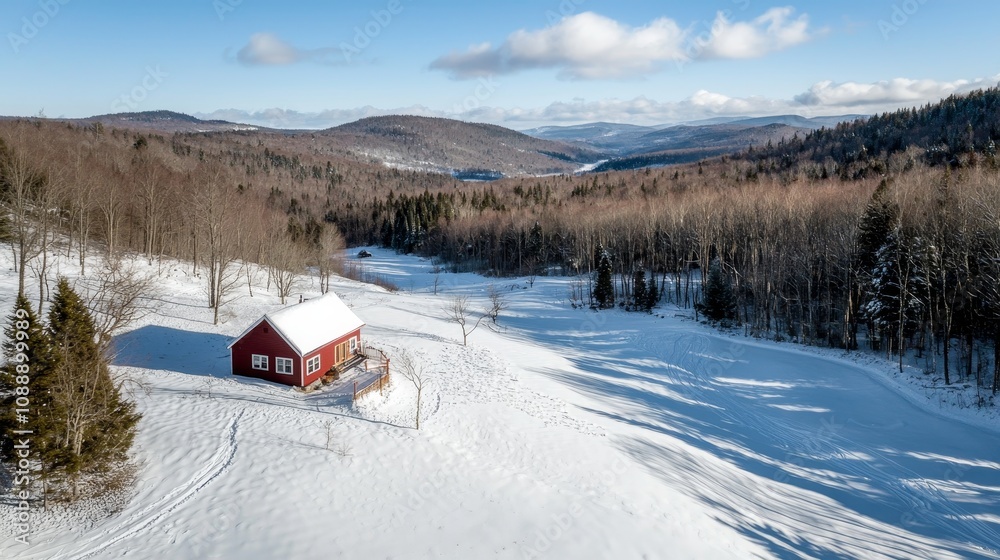 Serene Winter Landscape with a Charming Red Cabin Surrounded by Snow-Covered Forest and Rolling Mountains in a Remote Rural Area Serene Winter Landscape with a Charming Red Cabin Surrounded by Snow-Covered Forest and Rolling Mountains in a Remote Rural Area