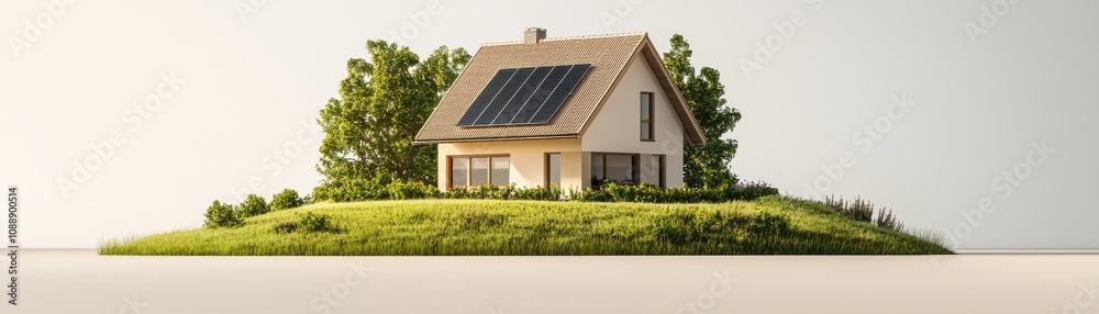 A modern eco-friendly house with solar panels surrounded by lush greenery on a small island. A modern eco-friendly house with solar panels surrounded by lush greenery on a small island.