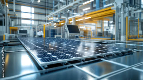 solar panel assembly line showcasing panels being tested in modern factory. environment is bright and industrial, emphasizing technology and innovation