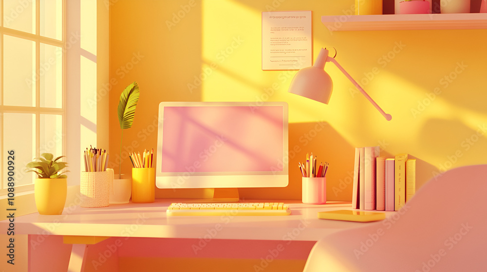 Neatly arranged desk with pastel yellow and pink accessories warm natural light for a cozy feel Copy space Neatly arranged desk with pastel yellow and pink accessories warm natural light for a cozy feel Copy space