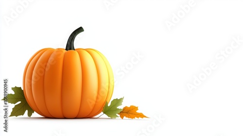 A realistic pumpkin clipart with a detailed stem and green leaves, ideal for Halloween-themed designs, against a solid background. photo