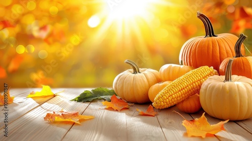 A rustic autumn harvest display showcasing corn, pumpkins, and apples neatly arranged on a wooden table, complemented by warm fall-themed decorations. photo