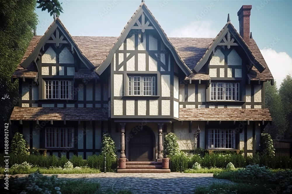 Symmetrical Tudor-style house with steep gabled roofs, exposed timber framing, and a central arched entrance, surrounded by lush greenery and a stone pathway. Symmetrical Tudor-style house with steep gabled roofs, exposed timber framing, and a central arched entrance, surrounded by lush greenery and a stone pathway.