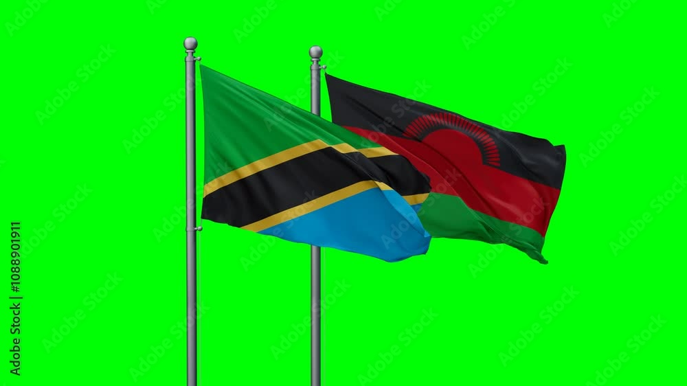 Malawi and Tanzania flags flying together, video concept of the relationship with colored chroma key for easy background remove Malawi and Tanzania flags flying together, video concept of the relationship with colored chroma key for easy background remove
