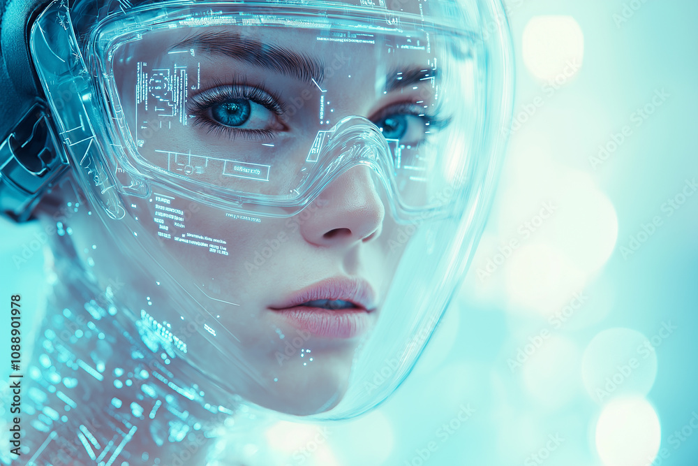 A beautiful woman with robotic features, futuristic style, transparent helmet and glasses, sci-fi background, close-up of face, blue eyes shining, metallic texture A beautiful woman with robotic features, futuristic style, transparent helmet and glasses, sci-fi background, close-up of face, blue eyes shining, metallic texture