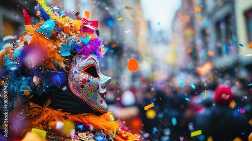 People dance and celebrate at the Binche Carnival, dressed in elaborate costumes and masks