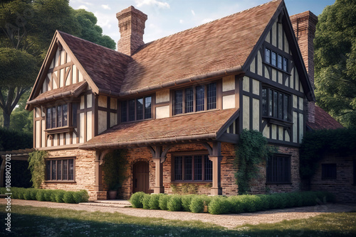 Wallpaper Mural Beautiful Tudor-style house with steep gabled roofs, timber framing, and brick walls, surrounded by lush greenery and a gravel pathway. Torontodigital.ca