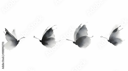Watercolor Painting of Four Black Butterflies in Flight on a White Background