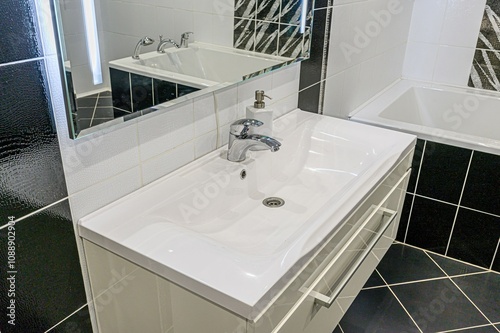 interior apartment room bathroom, sink, decorative elements, toilet. WC, sanitary unit, wash room