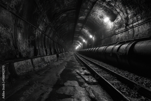 Dimly lit, eerie underground train tunnel with tracks leading into the distance, along a massive pipeline, creating a sense of mystery and abandonment.