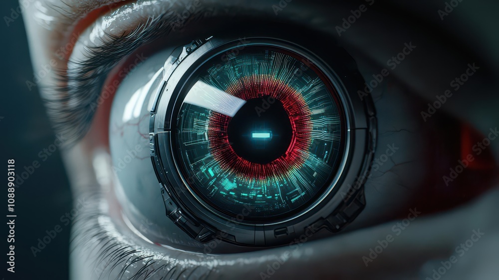 Cybernetic eye with holographic interface, monitoring network flow, futuristic tech design