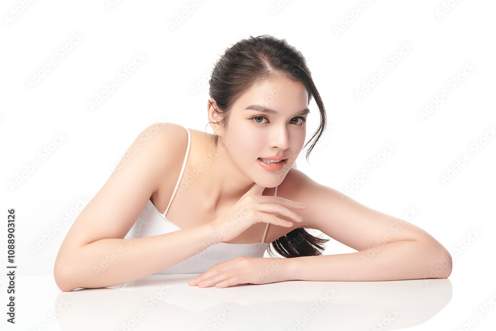 Fototapeta premium Beautiful young asian woman with clean fresh skin on white background, Face care, Facial treatment, Cosmetology, beauty and spa, Asian women portrait.