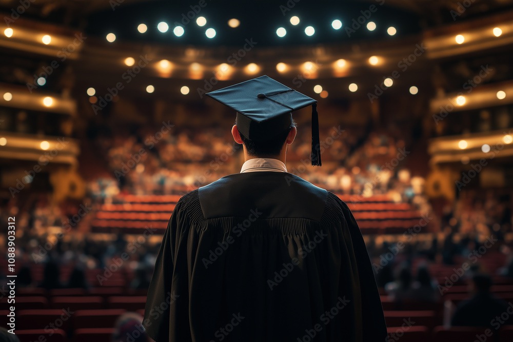 Obraz premium A young man wearing a black graduation gown and cap is seen from behind, standing in front of an empty auditorium filled with people during his academic ceremony at the university