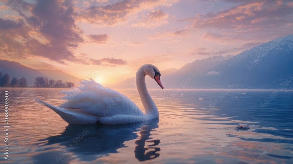 Fototapeta premium Majestic swan at sunrise.