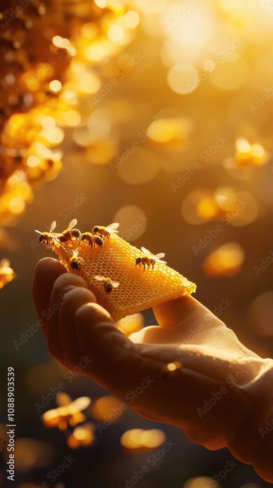 Beekeeper's gloved hand delicately holds honeycomb while bees buzz in the warm golden light Beekeeper's gloved hand delicately holds honeycomb while bees buzz in the warm golden light