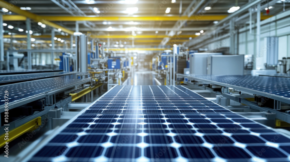 High tech solar panel assembly line with panels being tested in modern factory. bright environment showcases advanced manufacturing processes and technology High tech solar panel assembly line with panels being tested in modern factory. bright environment showcases advanced manufacturing processes and technology
