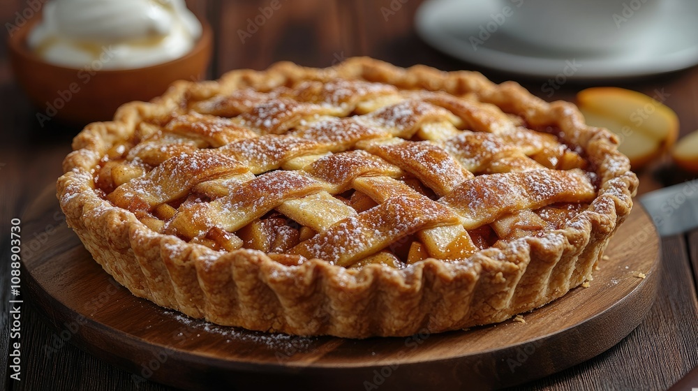 Delicious homemade apple pie with lattice crust, dusted with powdered sugar, served on wooden board.