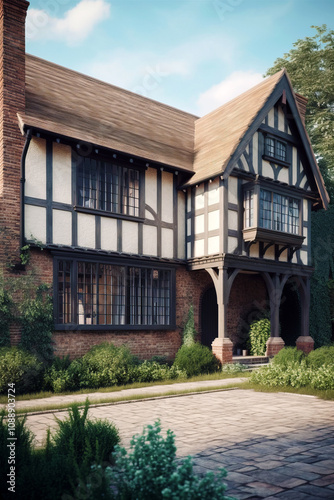 Classic Tudor-style house with exposed timber framing, brick accents, and an arched entryway, surrounded by lush greenery and a paved pathway.