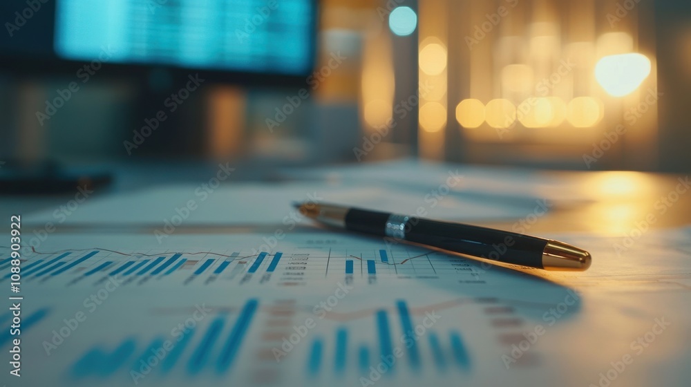 Close-Up of Business Documents with Graphs and Financial Data, Featuring a Luxurious Pen on a Desk in a Modern Office Setting with Blurred Background Lights Close-Up of Business Documents with Graphs and Financial Data, Featuring a Luxurious Pen on a Desk in a Modern Office Setting with Blurred Background Lights
