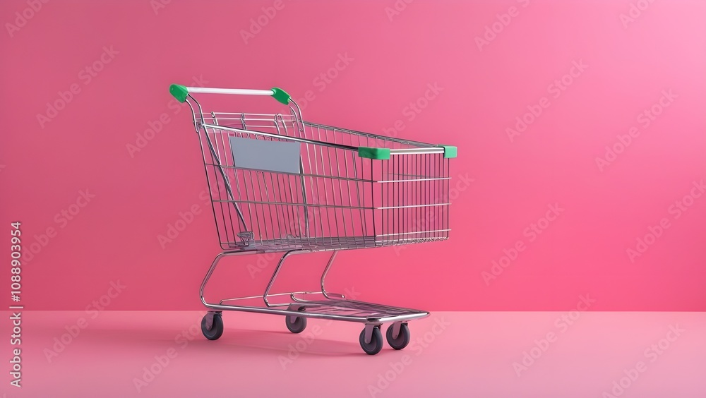 An empty shopping cart set against a solid pink background, creating a simple and clean visual effect An empty shopping cart set against a solid pink background, creating a simple and clean visual effect