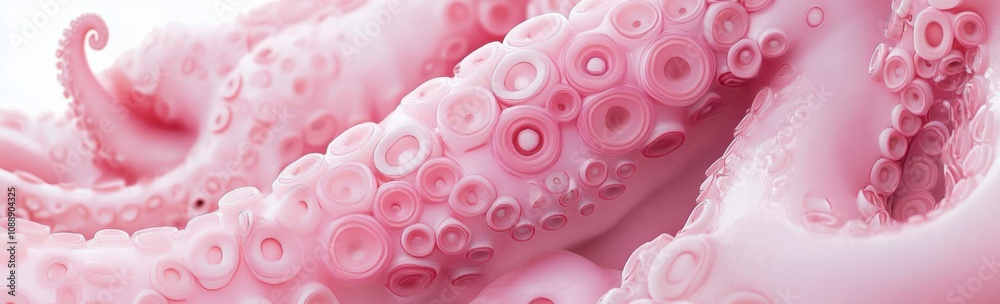 Close-up View of a Pink Octopus Tentacle Displaying Intricate Suction Cups and Unique Textures Against a Clean White Background Close-up View of a Pink Octopus Tentacle Displaying Intricate Suction Cups and Unique Textures Against a Clean White Background