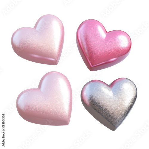 flying pink with silver hearts 3d render icon isolated on transparent background cutout