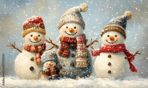 A cheerful family of snowmen in winter outfits on a snowy day
