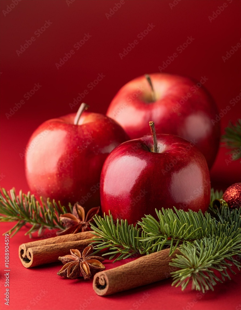 Close-up of red apples, cinnamon and star anise spice, and red Christmas ornaments, pine branches against red background Close-up of red apples, cinnamon and star anise spice, and red Christmas ornaments, pine branches against red background