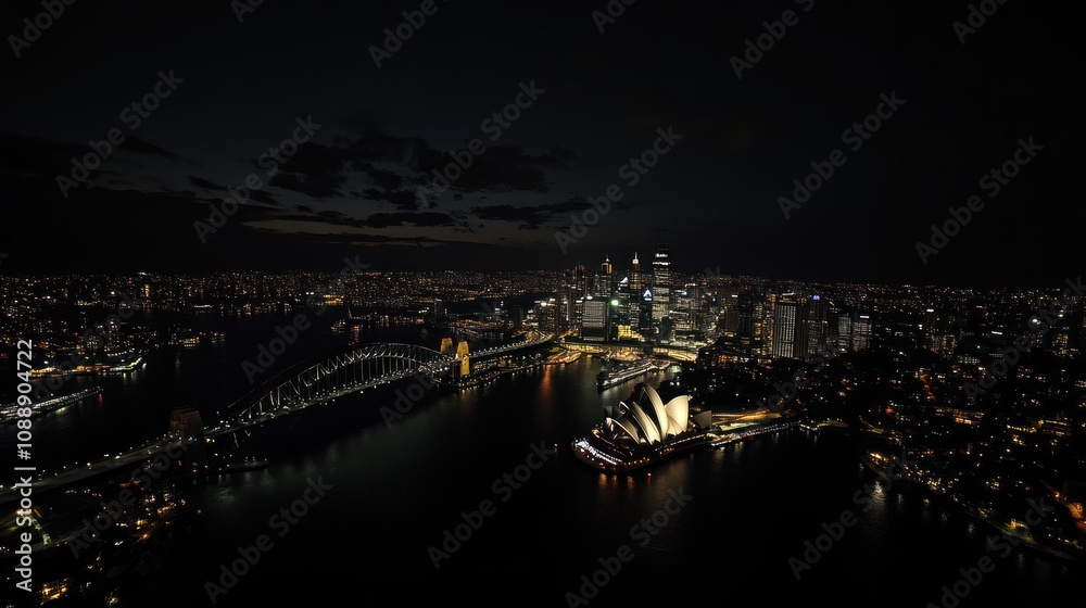 Obraz premium Night cityscape, harbor, bridge.