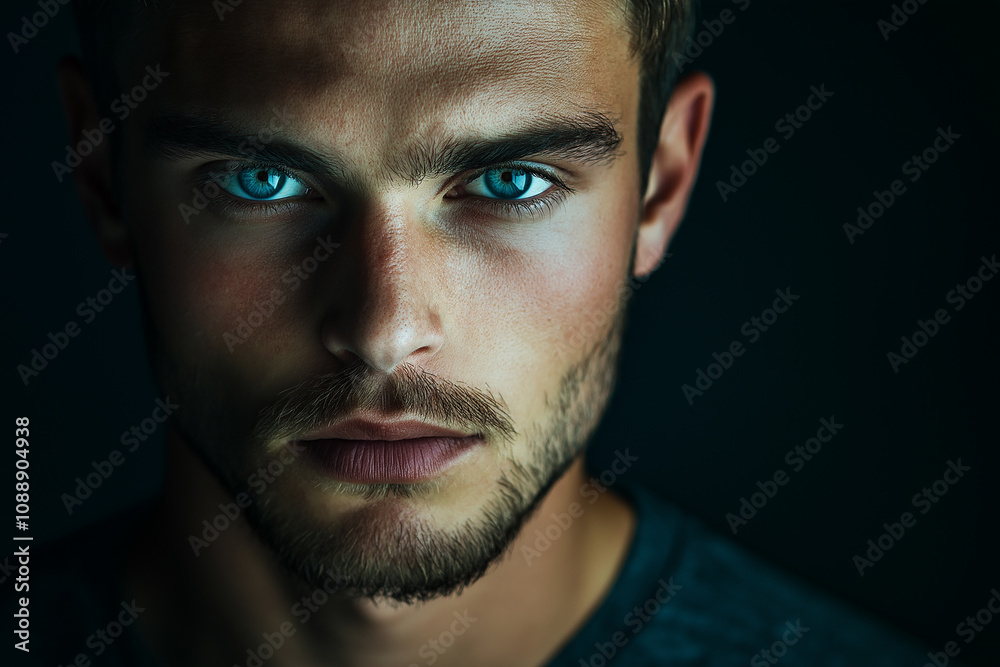 Fototapeta premium Frontal portrait of a young man, with a handsome and angry expression, against a black background. The eyes are softly lit