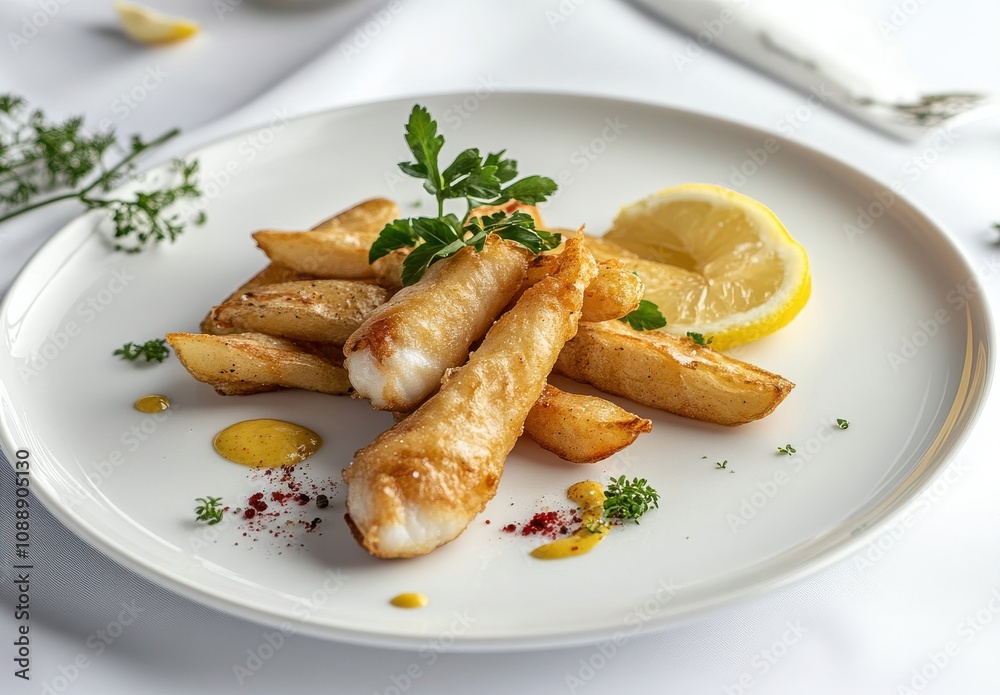 Crispy Golden Fish Fillet with Seasoned Potato Wedges and Lemon Slice on Elegant White Plate Garnished with Fresh Herbs and Sauce Drizzle Crispy Golden Fish Fillet with Seasoned Potato Wedges and Lemon Slice on Elegant White Plate Garnished with Fresh Herbs and Sauce Drizzle