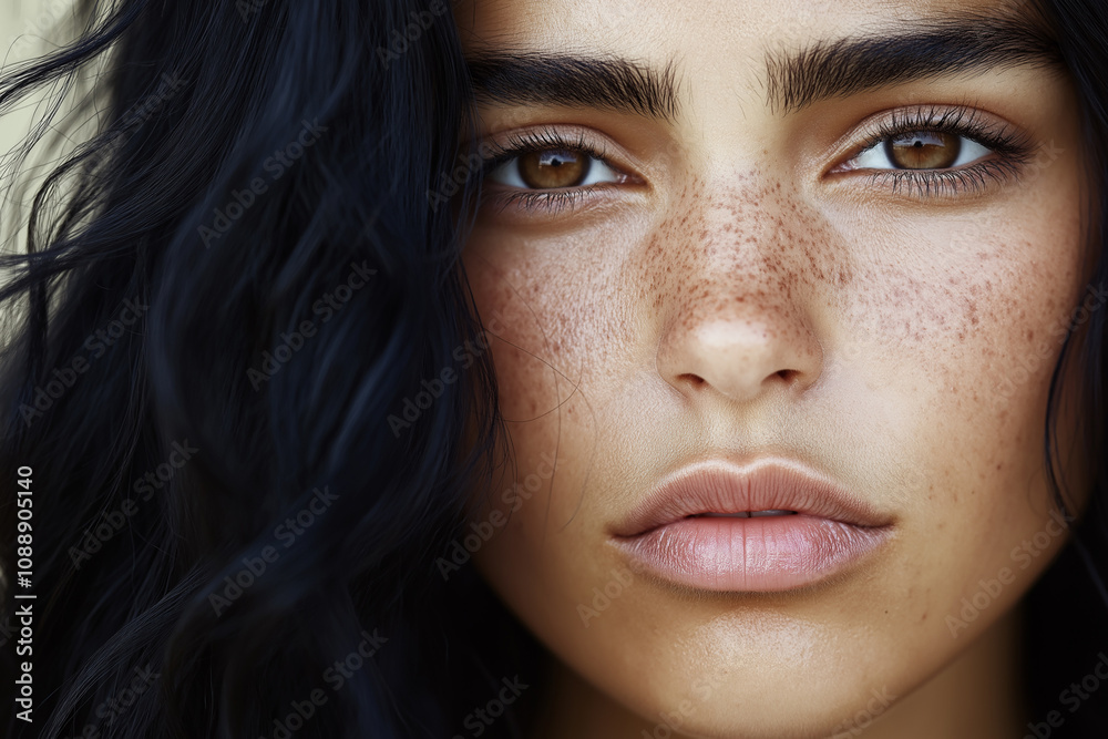 Close-up of a beautiful woman with dark hair and green eyes, freckles on her nose, natural skin texture Close-up of a beautiful woman with dark hair and green eyes, freckles on her nose, natural skin texture