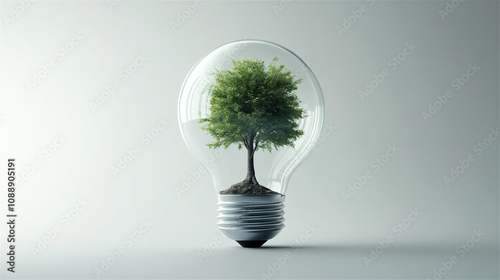 Green energy concept. The small green tree inside a clear light bulb on a plain background. Sustainable resource, energy saving. Generative AI.