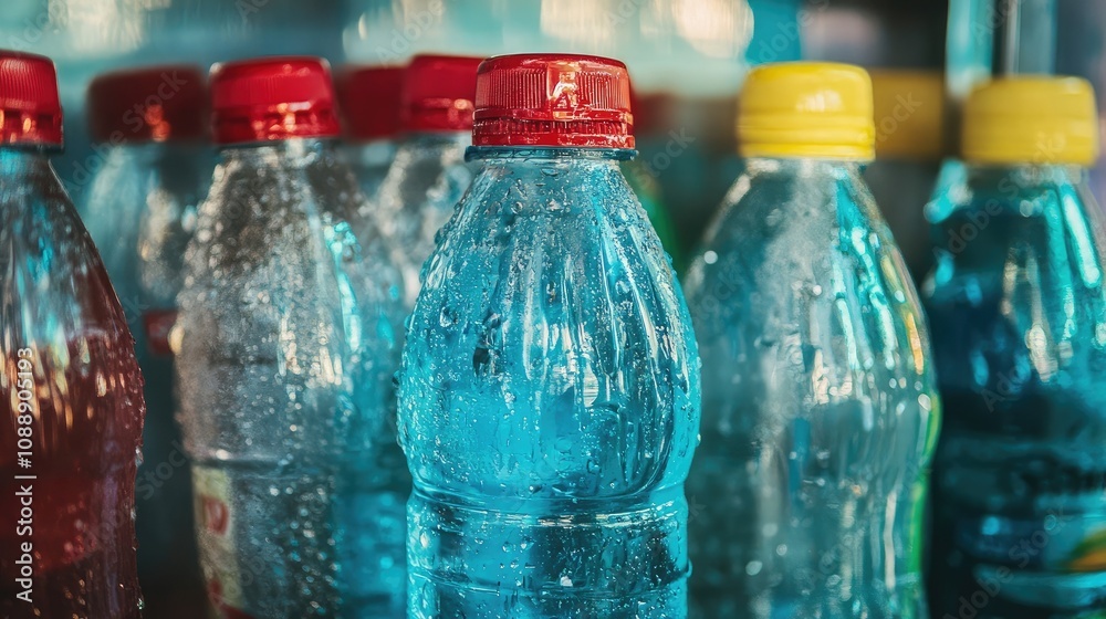 Close-Up View of Water Bottles in Cooler with Condensation, Showing Colorful Caps and Refreshing Beverage Options Ready for Summer Hydration and Enjoyment Close-Up View of Water Bottles in Cooler with Condensation, Showing Colorful Caps and Refreshing Beverage Options Ready for Summer Hydration and Enjoyment