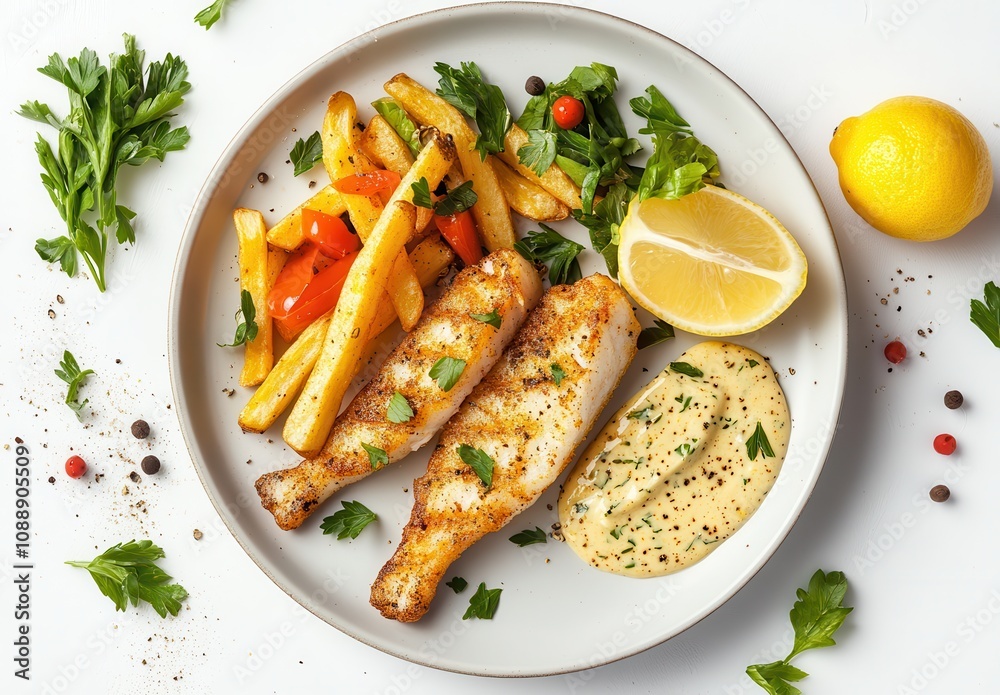 Deliciously Grilled Fish Fillet Served with Crispy Fries, Colorful Bell Peppers, Fresh Herbs, and Creamy Sauce on a White Plate with Lemon Wedge Deliciously Grilled Fish Fillet Served with Crispy Fries, Colorful Bell Peppers, Fresh Herbs, and Creamy Sauce on a White Plate with Lemon Wedge