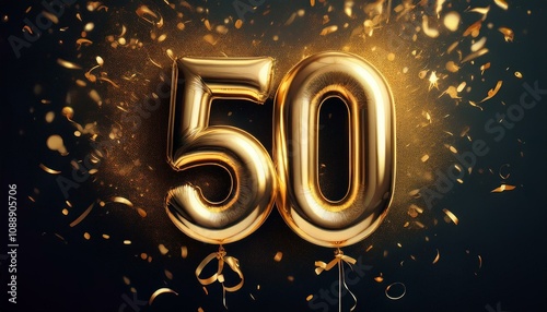 Gold birthday / anniversary balloon, number 50, black background with confetti