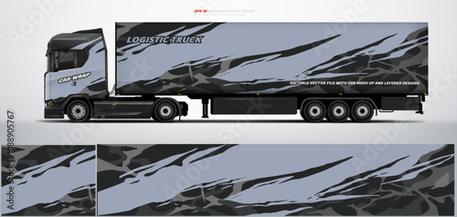 truck trailer livery design template. Truck Cargo delivering vehicle paintjob. Mock up and design on separate layers vector files.
