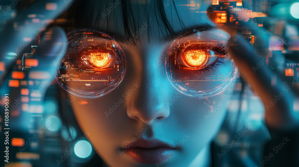 Digital world reflects in the glowing eyes of a futuristic character with cybernetic enhancements Digital world reflects in the glowing eyes of a futuristic character with cybernetic enhancements