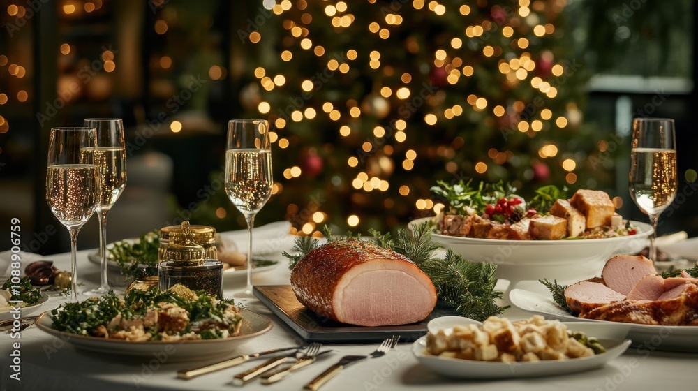 Festive Holiday Dinner Table Decorated with Delicious Dishes and Sparkling Wine Surrounded by a Warm Christmas Atmosphere and Beautiful Lights Festive Holiday Dinner Table Decorated with Delicious Dishes and Sparkling Wine Surrounded by a Warm Christmas Atmosphere and Beautiful Lights