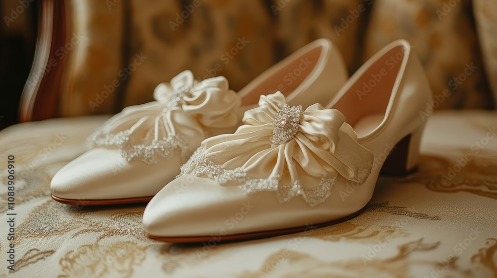 Elegant ivory satin wedding shoes with delicate floral embellishments rest on a plush chair. Elegant ivory satin wedding shoes with delicate floral embellishments rest on a plush chair.