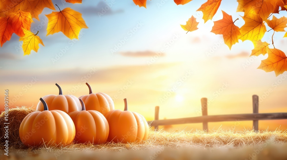 An inviting autumn arrangement with pumpkins resting on straw bales, framed by golden leaves and a wooden fence under warm fall sunlight. An inviting autumn arrangement with pumpkins resting on straw bales, framed by golden leaves and a wooden fence under warm fall sunlight.