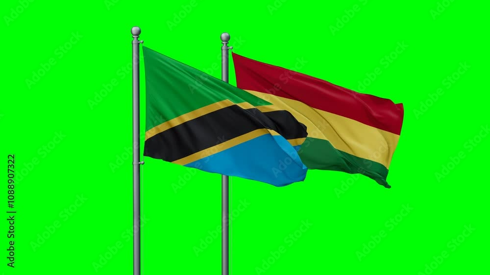 Bolivia and Tanzania flags flying together, video concept of the relationship with colored chroma key for easy background remove Bolivia and Tanzania flags flying together, video concept of the relationship with colored chroma key for easy background remove