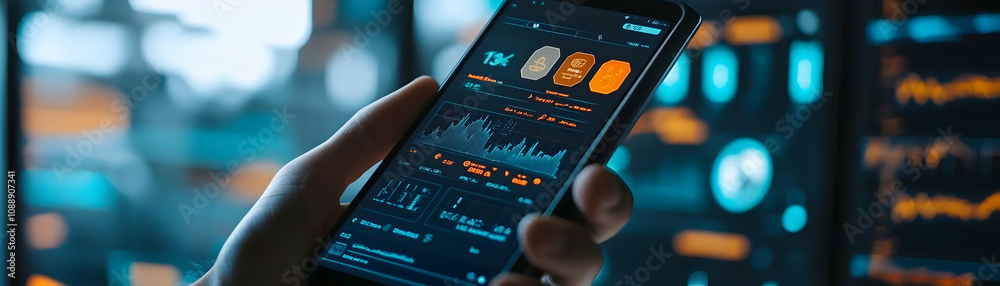 Smartphone Displays Financial Data and Charts with Blurry Cityscape Background Smartphone Displays Financial Data and Charts with Blurry Cityscape Background