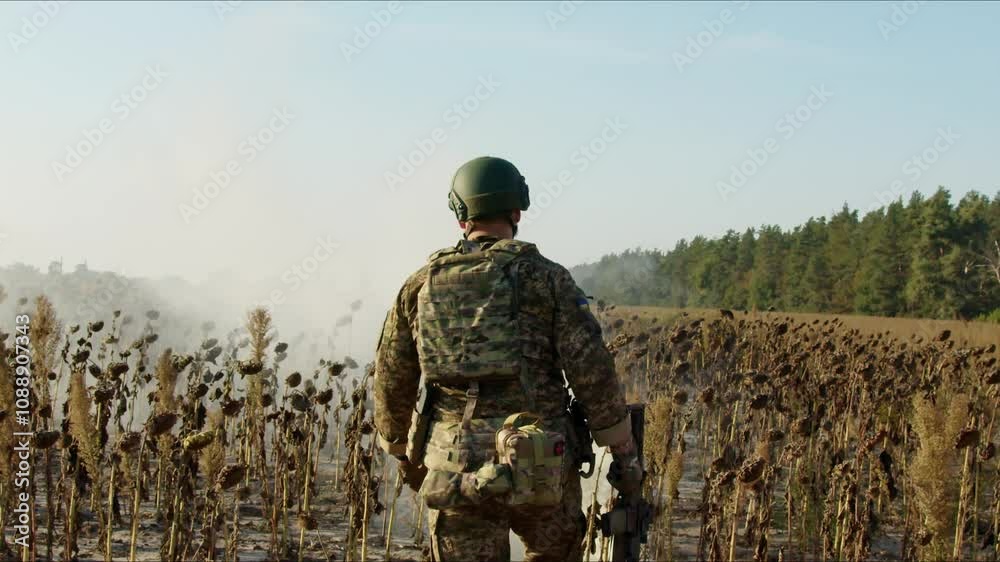 A soldier in camouflage walks through a dry sunflower field with a rifle in hand, surrounded by smoke and sunlight. The video symbolizes resilience, duty, and the harsh realities of war in Ukraine.