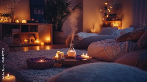 Cozy Evening Atmosphere: Candles, Diffuser, and Soft Lighting Create a Relaxing Ambiance