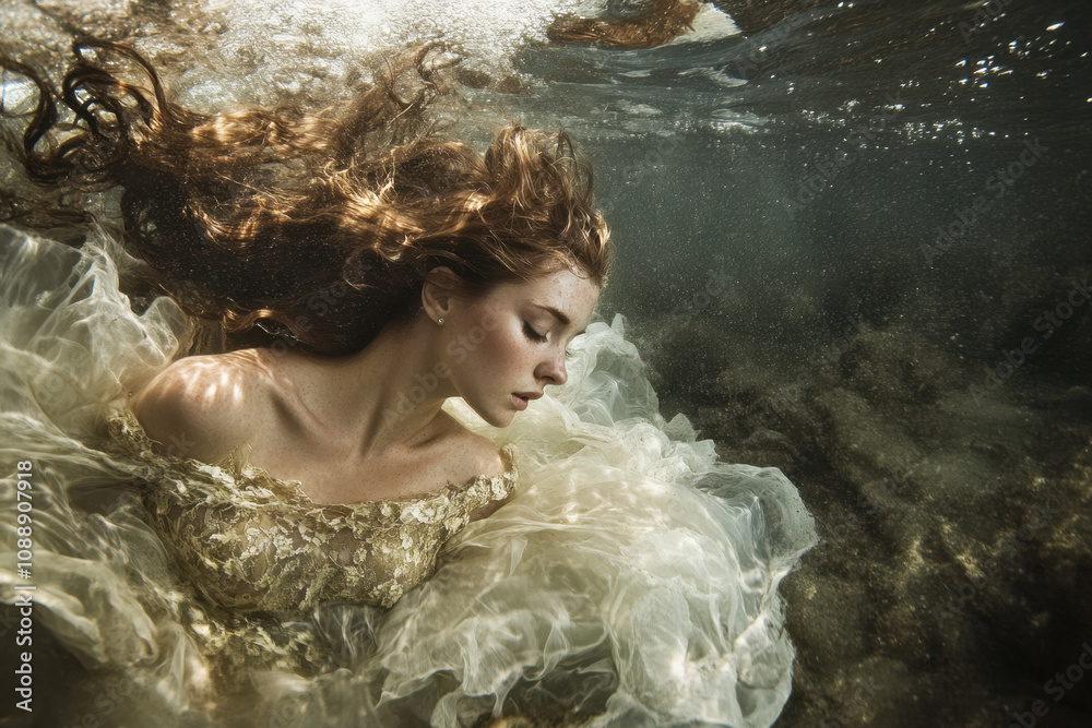 Underwater portrait of a graceful young white woman in an elegant dress, her hair flowing beautifully in the serene aquatic environment. Underwater portrait of a graceful young white woman in an elegant dress, her hair flowing beautifully in the serene aquatic environment.